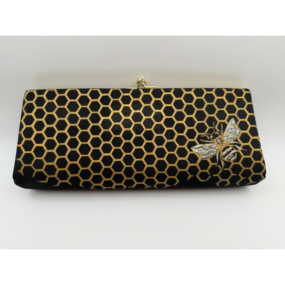 Mary Hamilton Queen Bee Hand Painted Black Gold Honeycomb Clutch Artist Signed